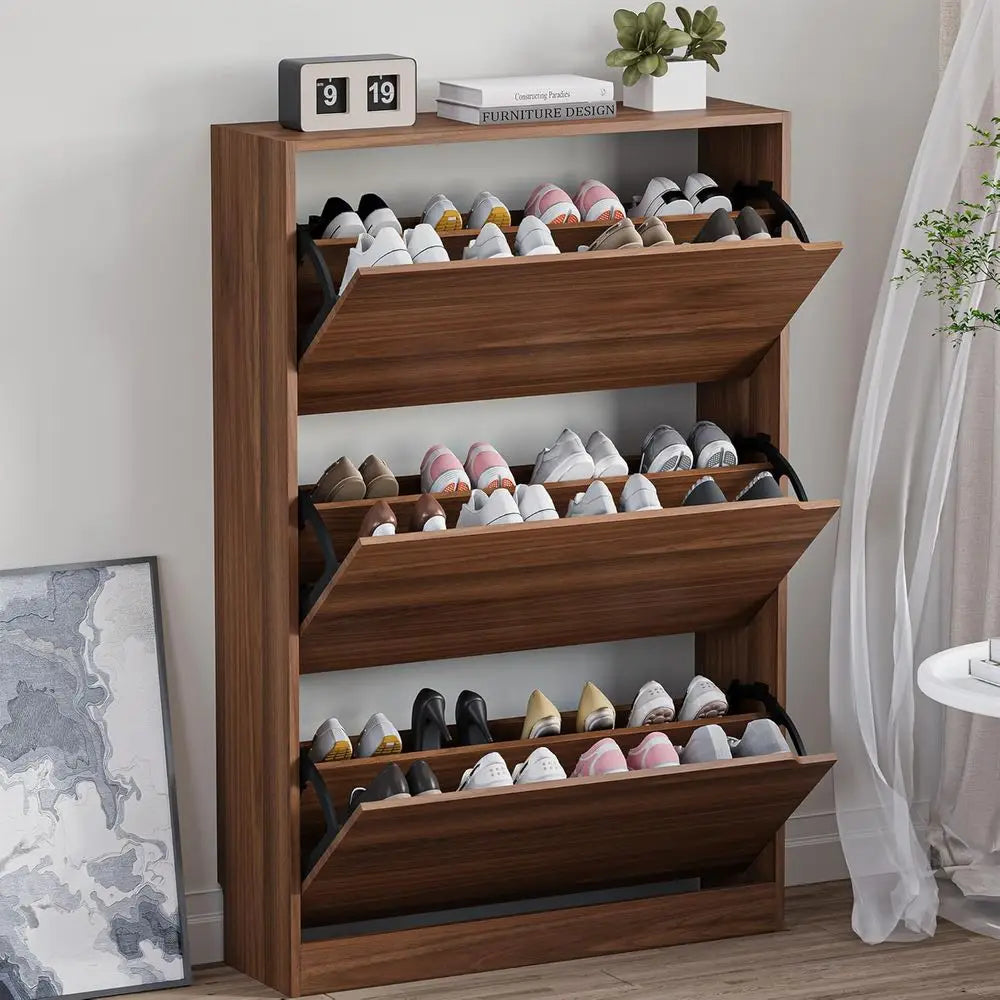 Slim Narrow Wood Shoe Cabinet With 3 Flip Drawers Freestanding Organizer
