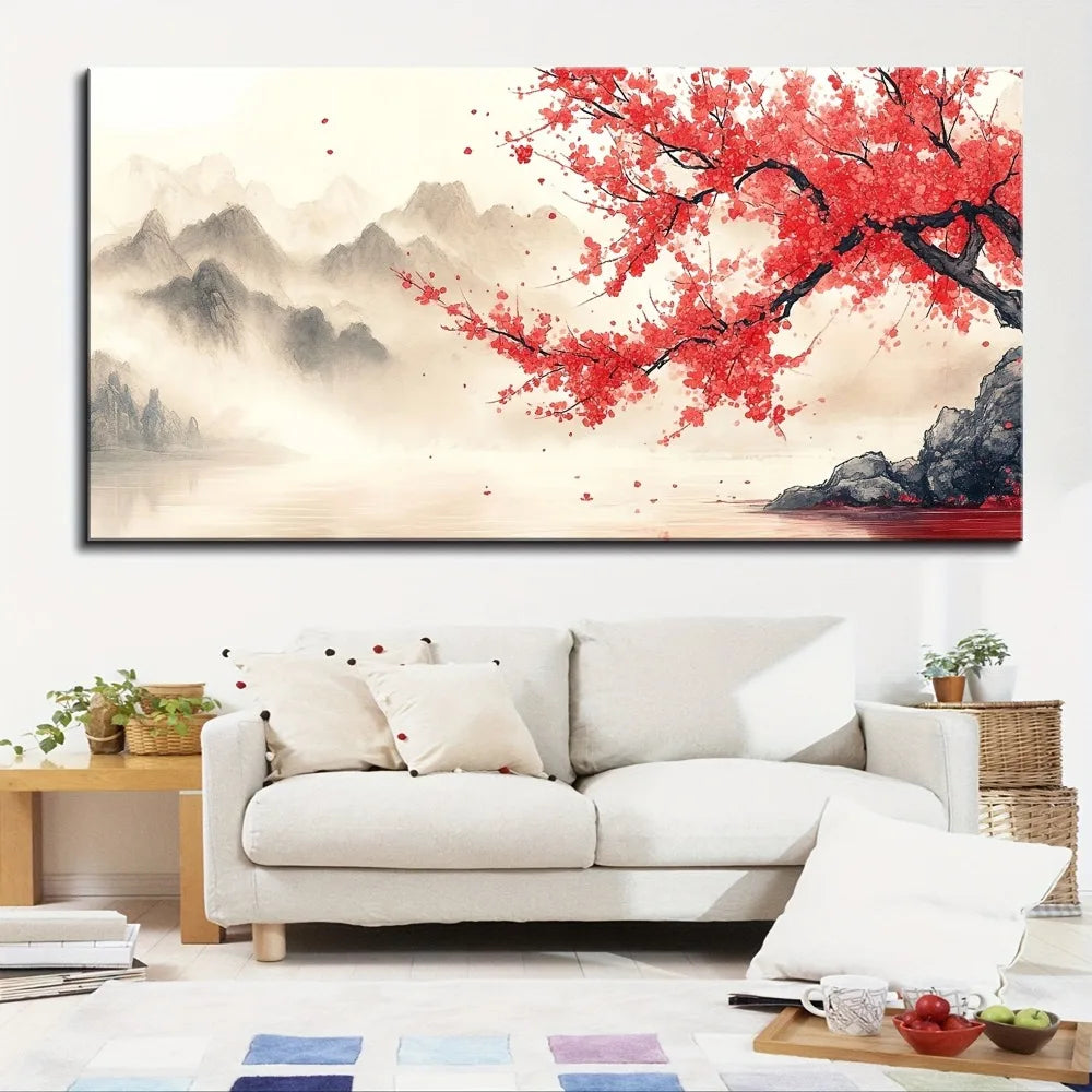 1.5 Inch Pine Wood Frame Pink Plum Mural Wall Art Black And White Landscape
