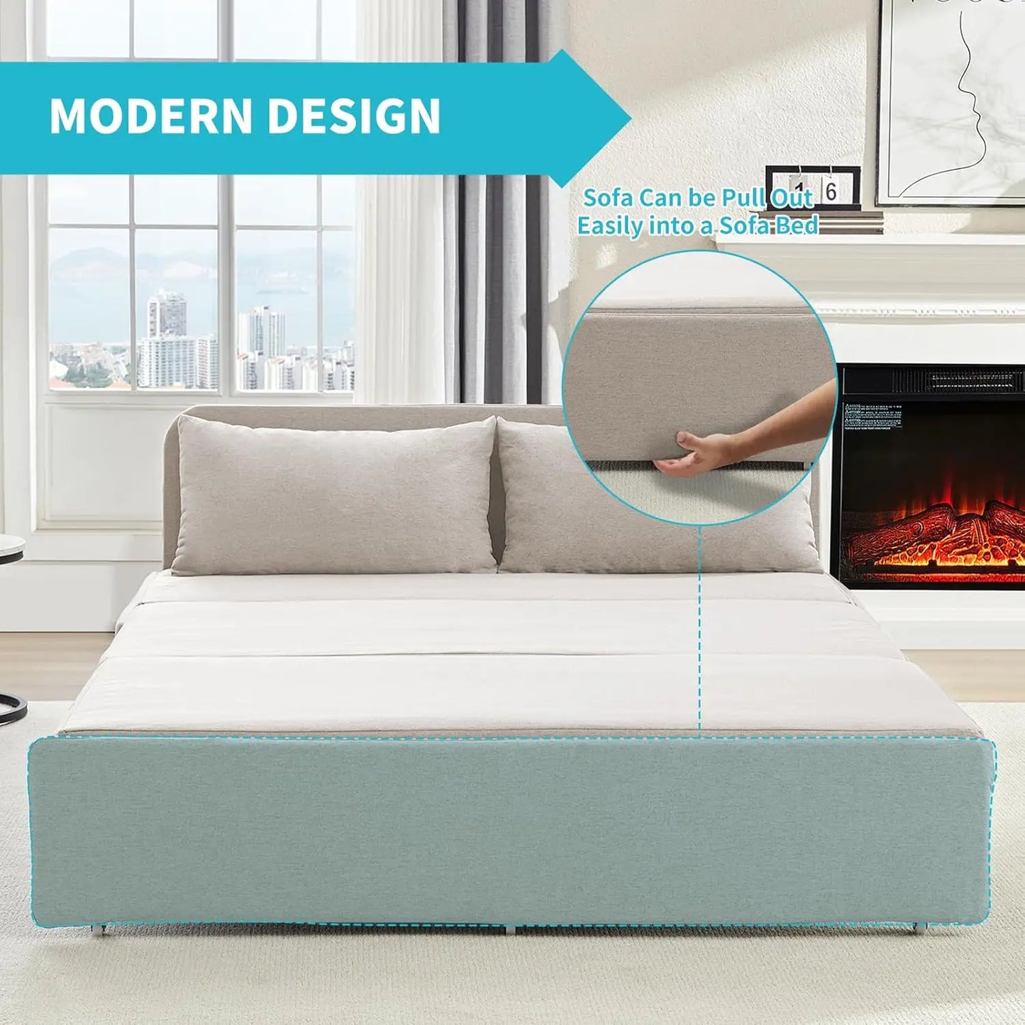 Queen Size Pull Out Sofa Bed Linen Convertible Couch With 2 Pillows