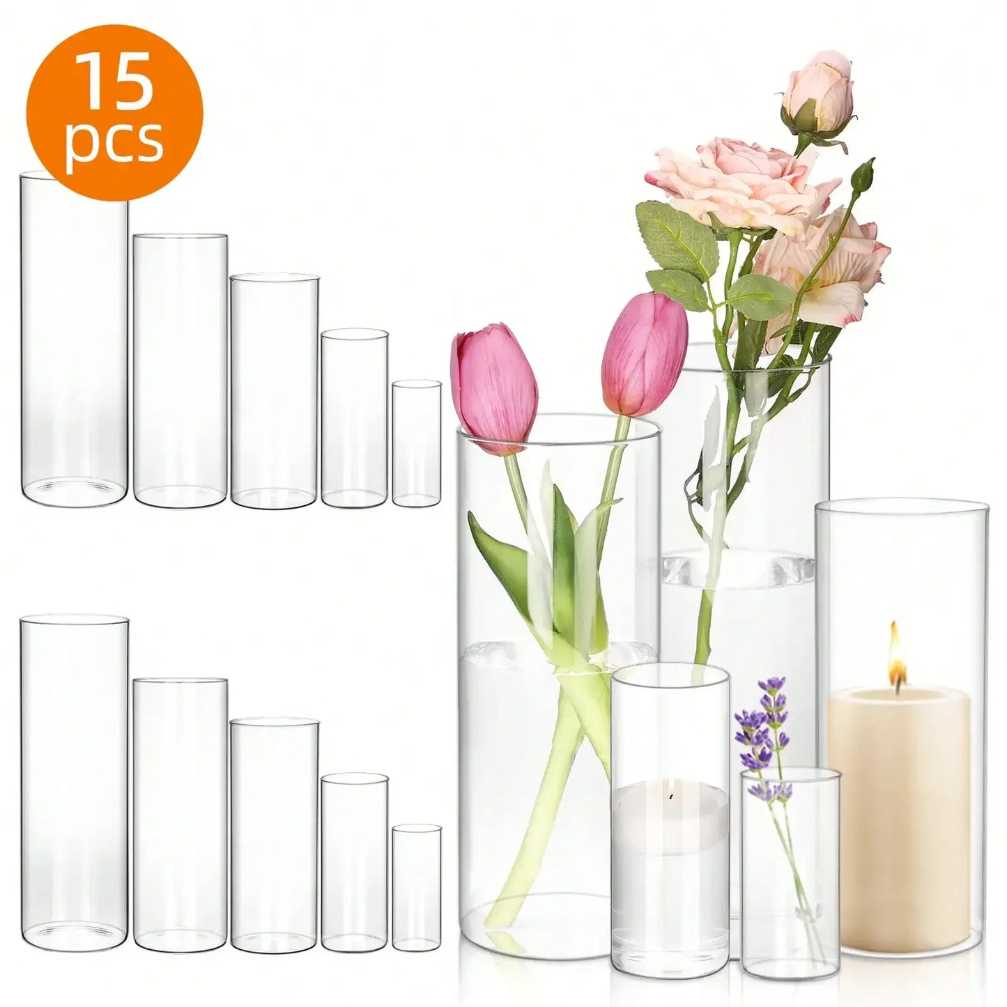 Tomnk Glass Cylinder Vases Set 15 30 45 Pcs Five Sizes Hurricane Candle Holders