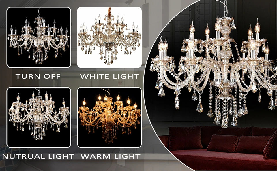15 Arms Crystal Chandelier Pendant Lighting E14 Modern K9 Glass Fixture for Bedroom Living Room Corridor Hall
