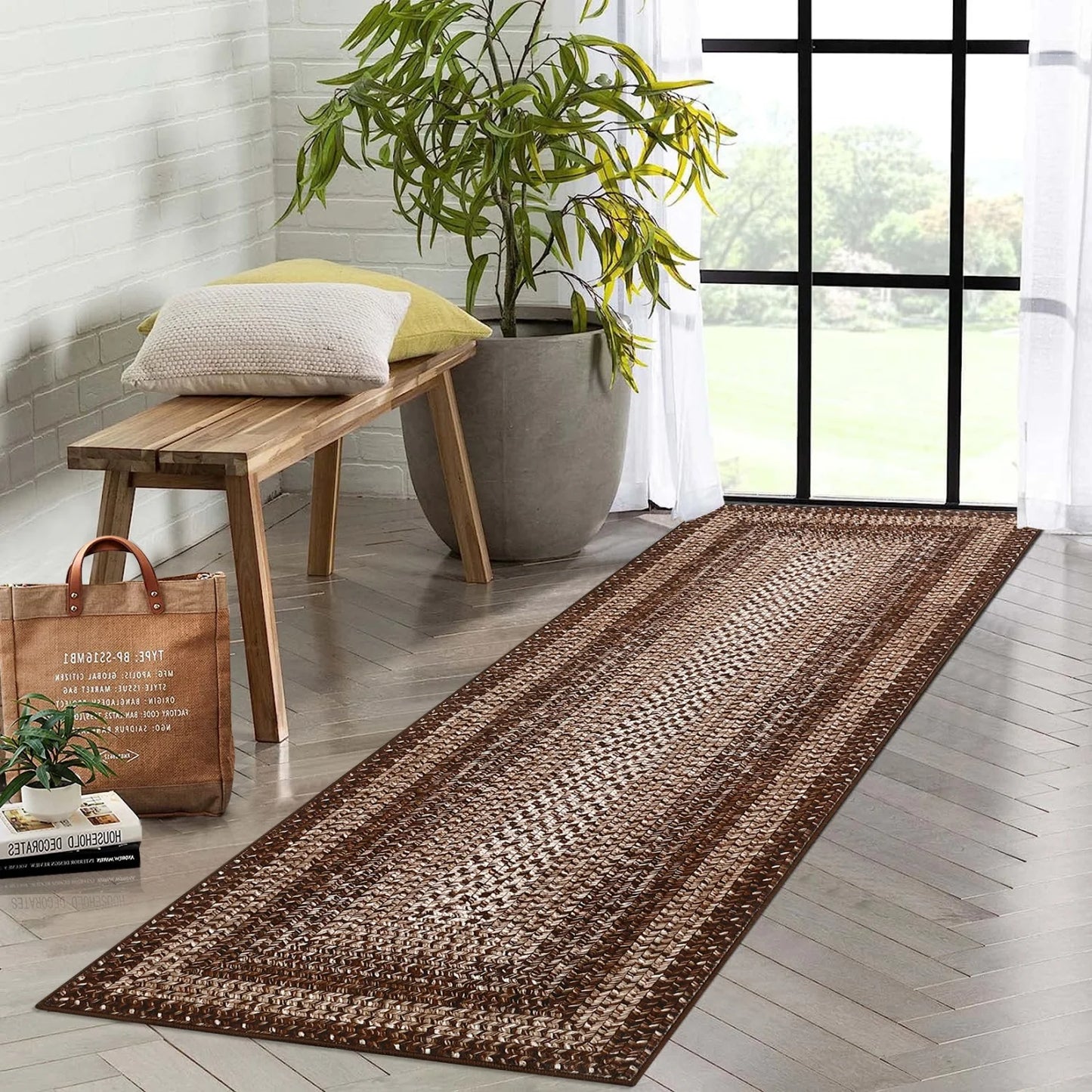 Washable Area Rugs Large Rugs for Living Room Modern Braided Print Non Slip Indoor Floor Covering Accent Carpet for Bedroom