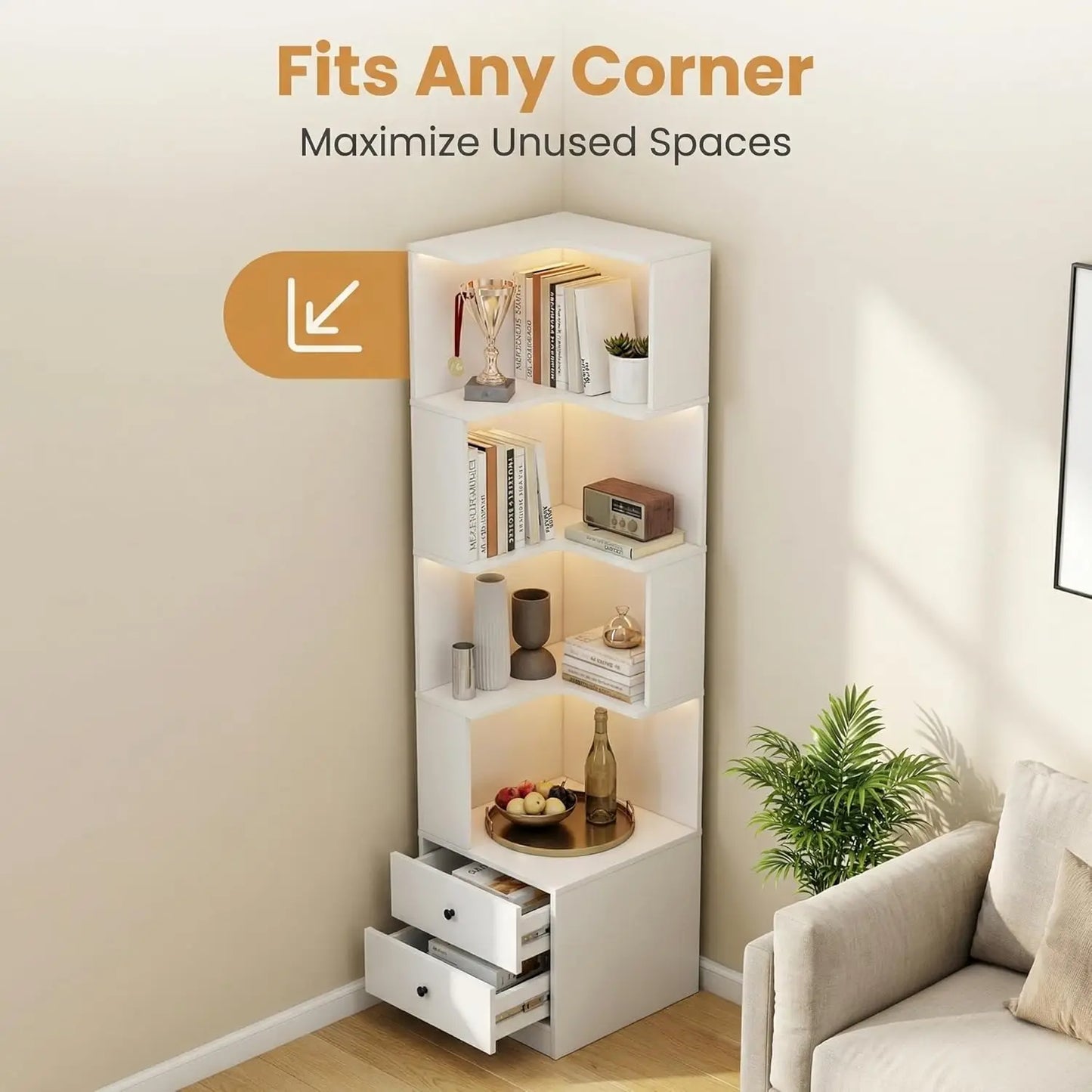 Arvolia 4 Tier Corner Bookshelf With Drawers And LED Lights L Shaped Shelf