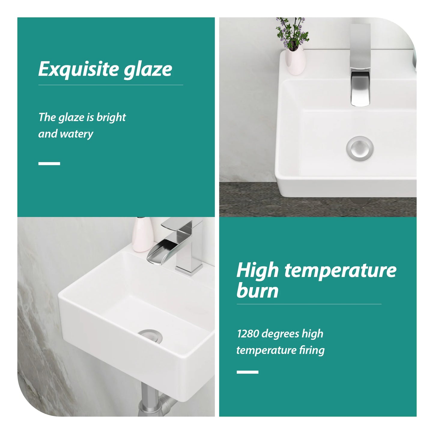White Ceramic Rectangular Wall Mount Sink With Faucet Hole