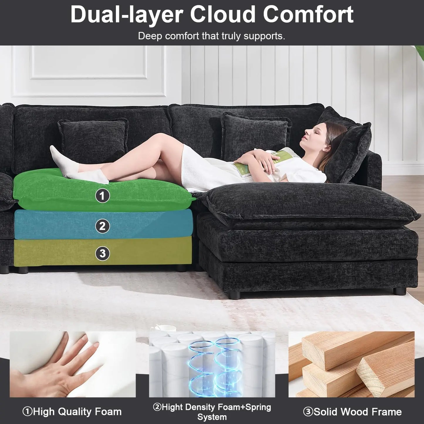70 Inch Modular Sectional Sofa Modern L Shaped Cloud Couch 3 Seater With Ottoman