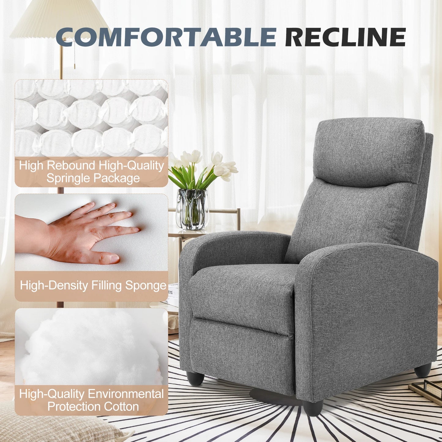 JHK Recliner Chair Massage Sofa Fabric Lumbar Support Grey