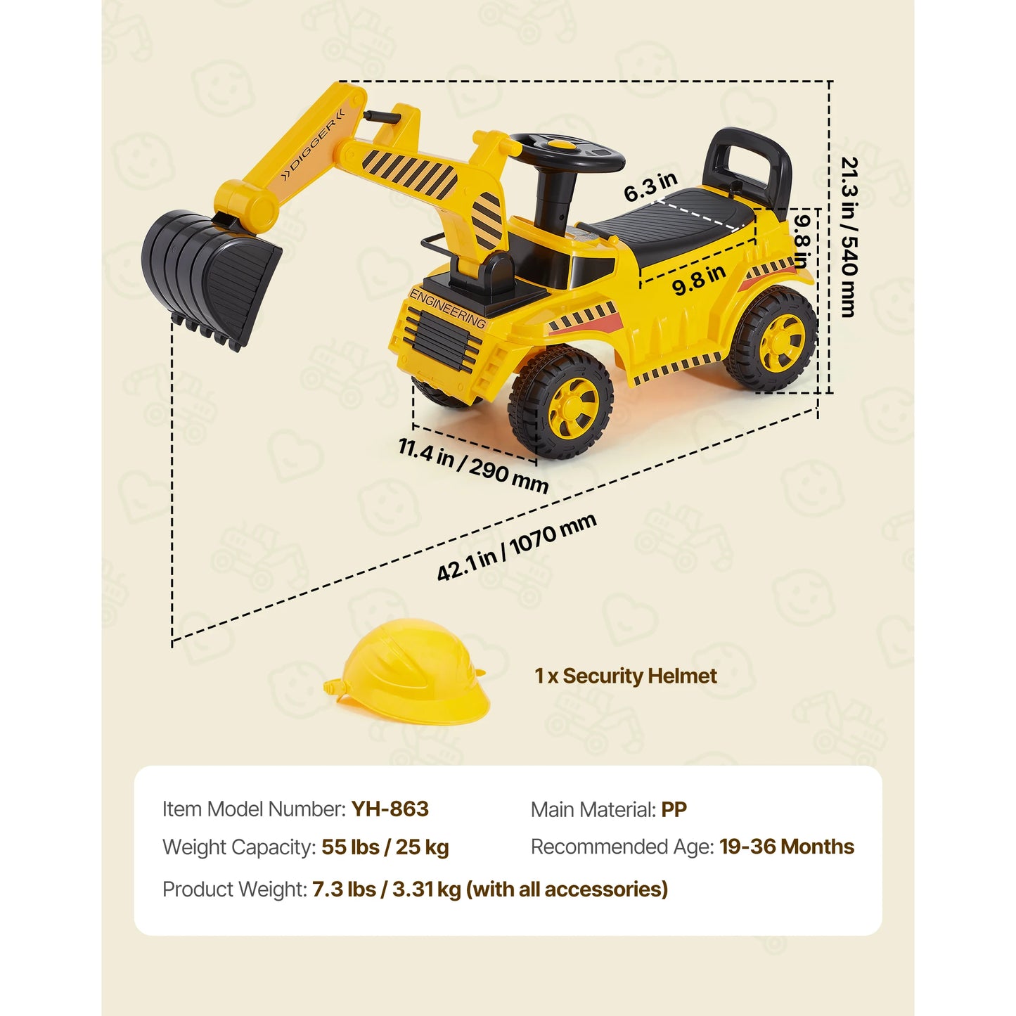 SucceBuy Excavator Digger Ride On Toy For Kids With Helmet And Music