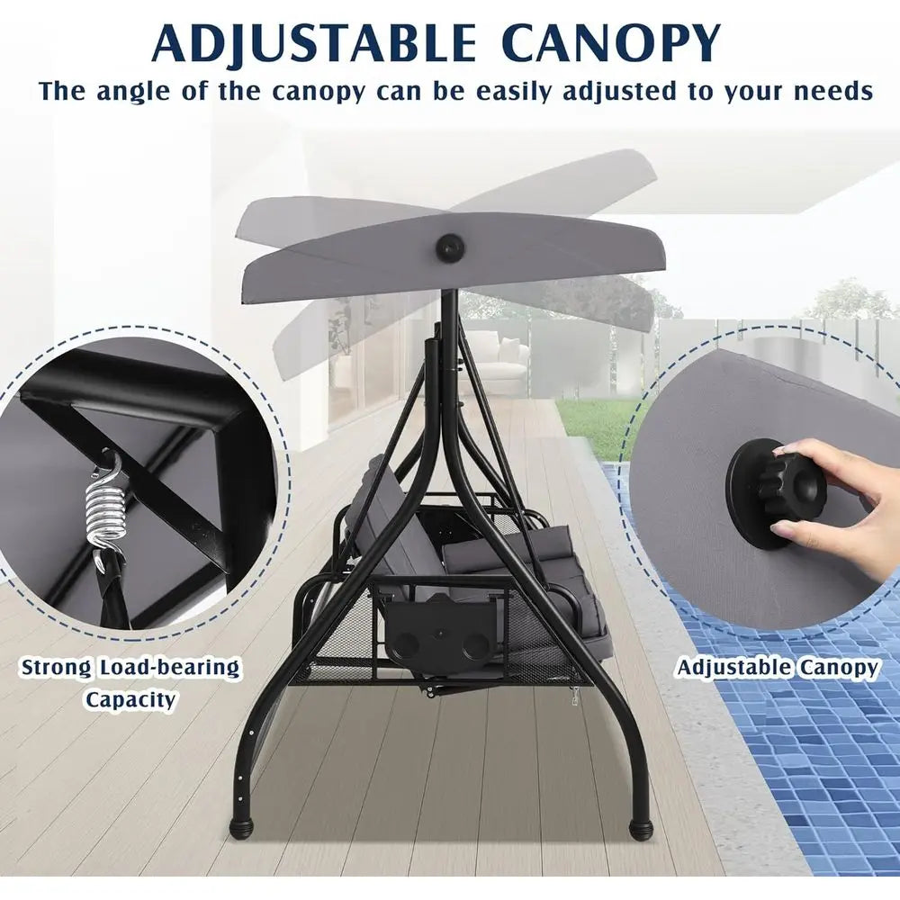 3 Person Outdoor Porch Swing With Stand Convertible Two In One Bed Cup Holder