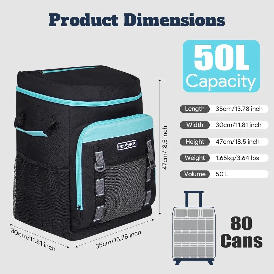 Portable Rolling Cooler 80 Cans 50L Soft Sided Collapsible Trolley Cart