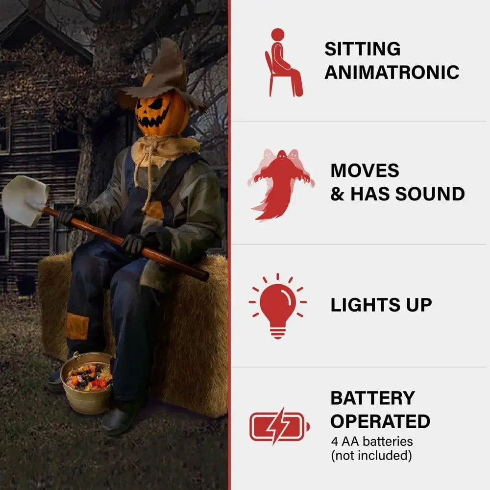 Motion-Activated Smiling Jack The Shovel-Wielding Sitting Scarecrow by Tekky, Talking Jump-Scare Halloween Animatronic,