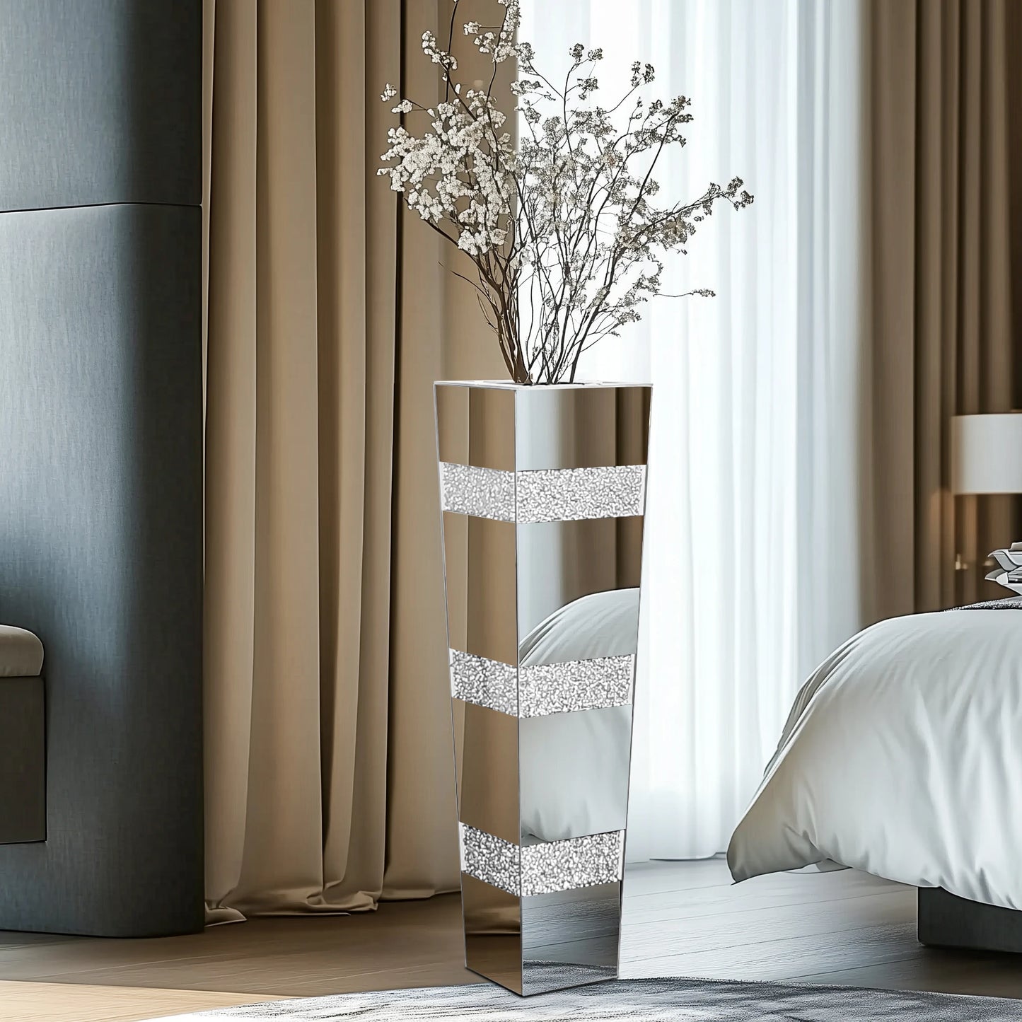 Tall Floor Mirror Vase Large Crushed Diamond Glass Vase for Home Decor Modern Crystal Centerpiece for Living Room Wedding Hotel