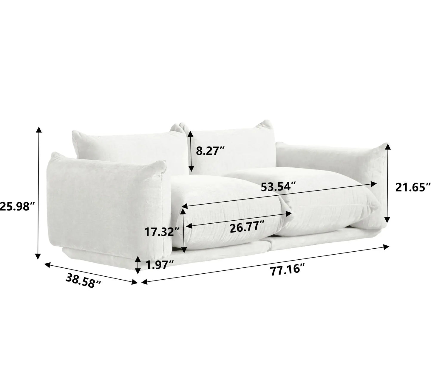 Love Seat Chenille Couch Mid Century Sofa 77 Inch Deep Seat For Small Spaces