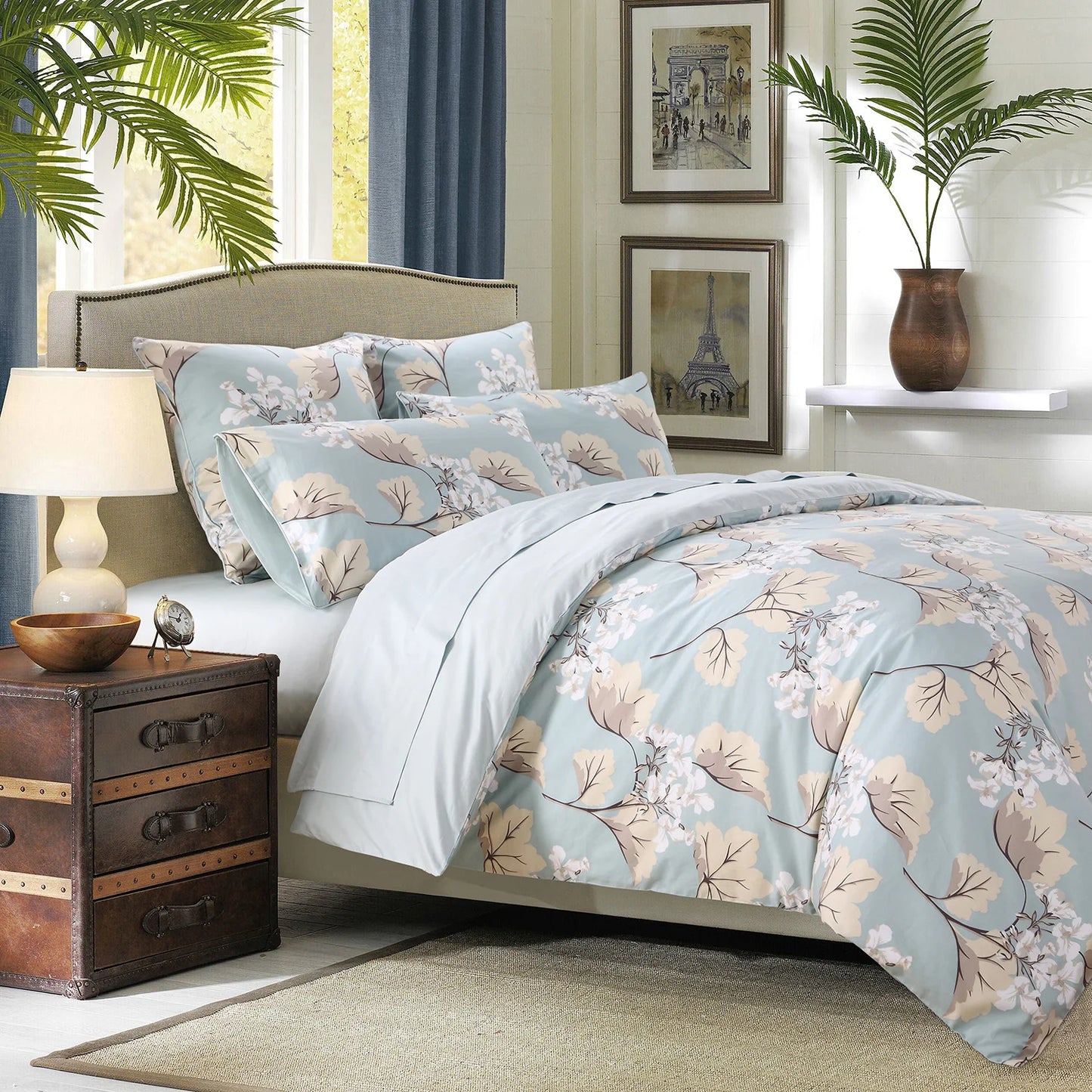 3Pc 600TC Egyptian Cotton Duvet Cover Set Blue Floral Leaves