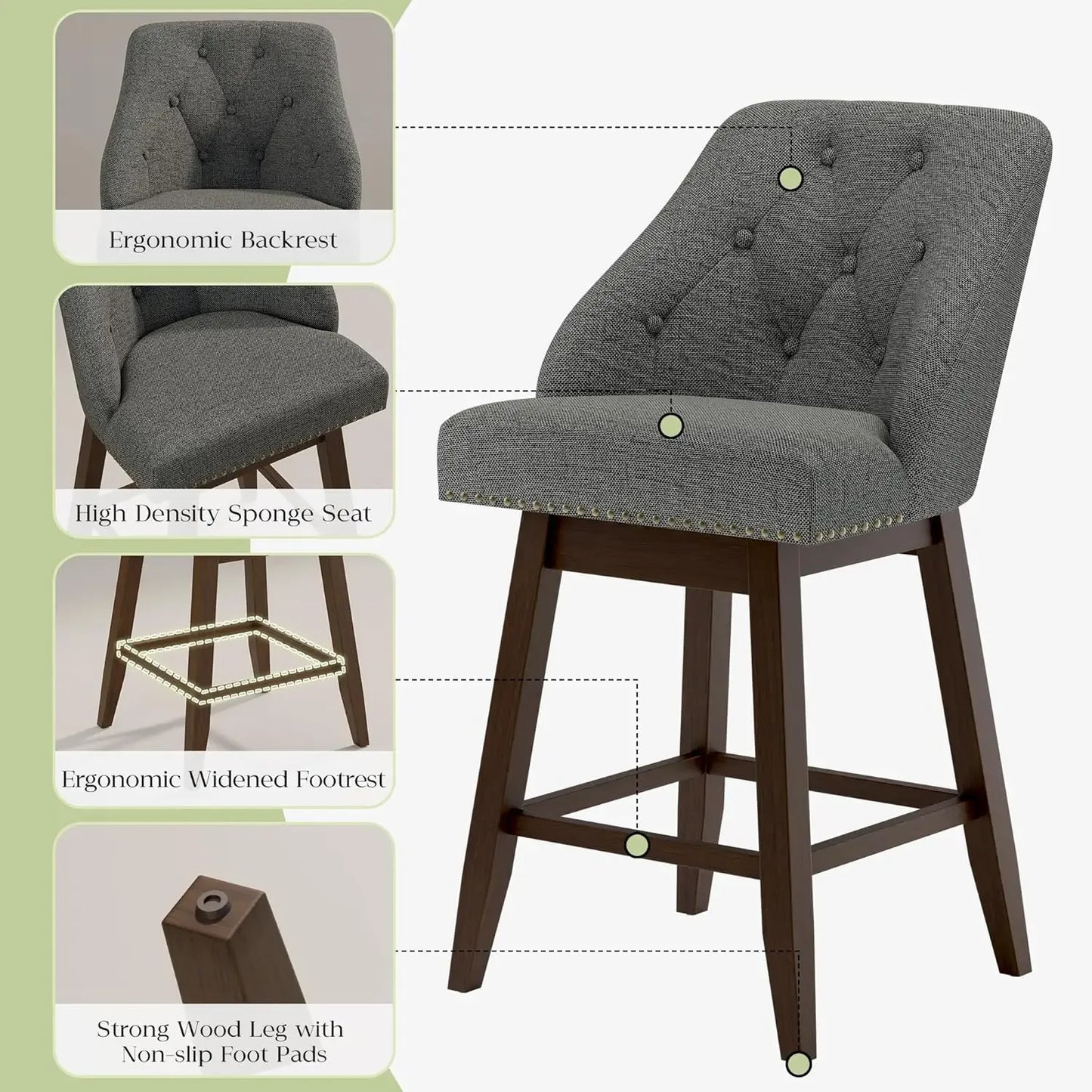 Modern Swivel Bar Stools Tufted Back 26 Inch Counter Height