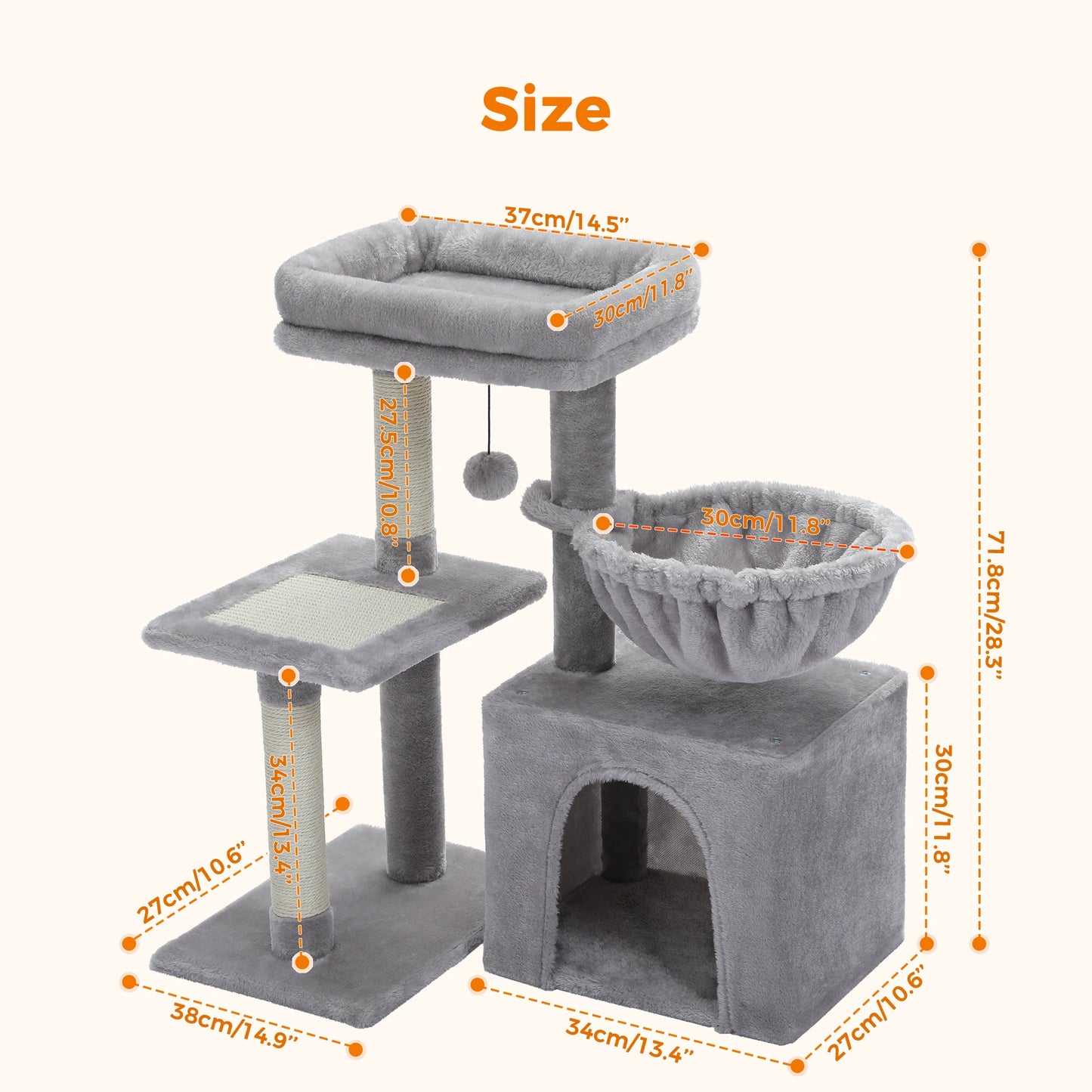 PAWZ Road Cat Tree Indoor 3 Tier Activity Tower With Scratching Posts Grey