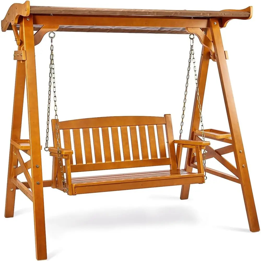 Durable Teak Outdoor Porch Swing With Cup Holder For Patio Yard And Garden