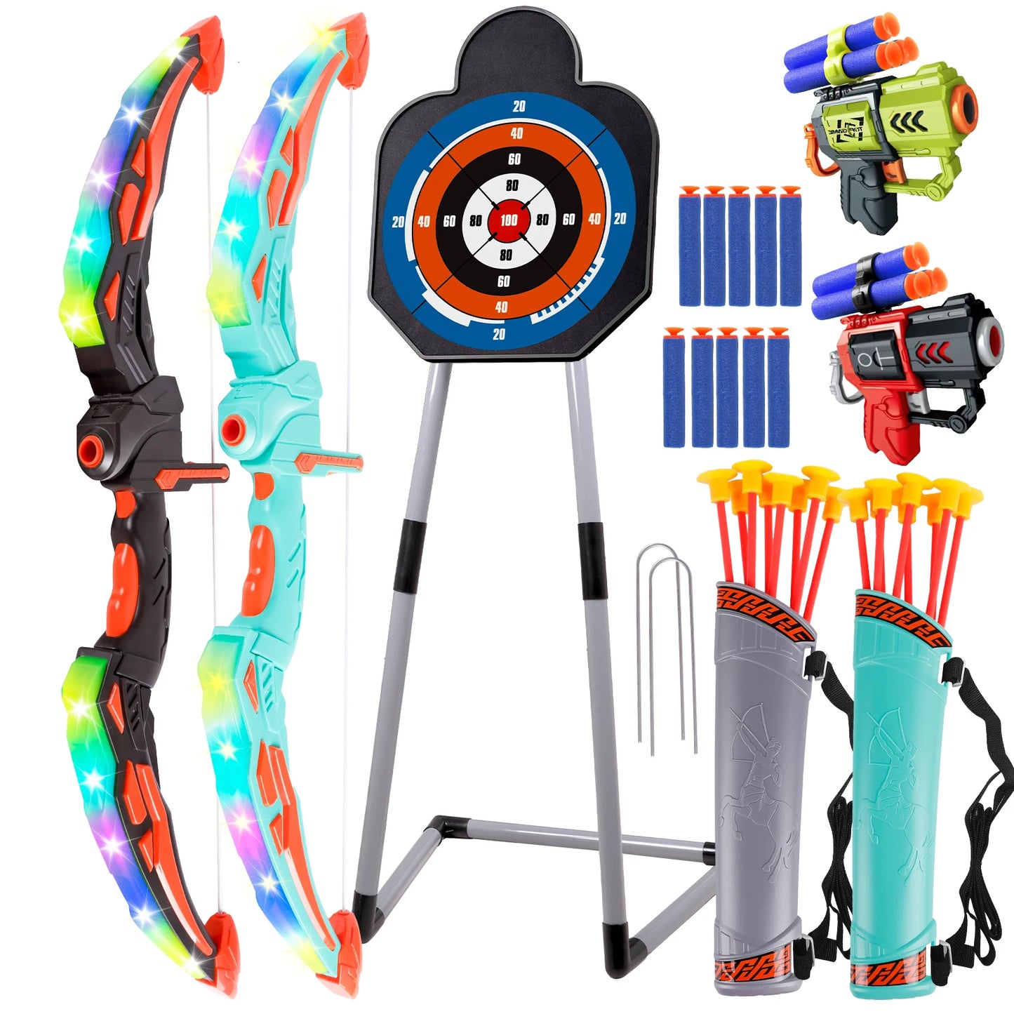 LED Light Up Bow and Arrow Set With Foam Dart Guns for Kids 5 6 7 8 9