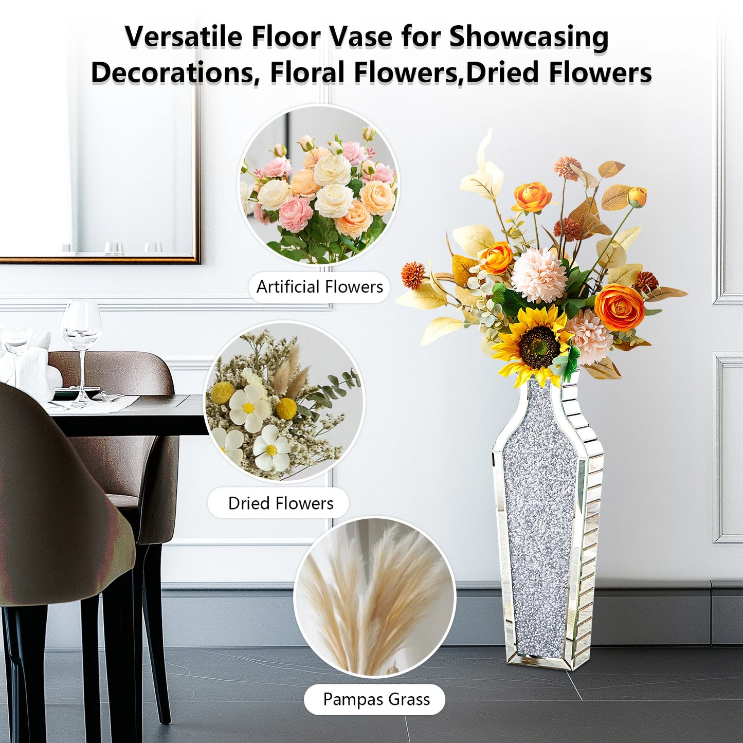 Tall Flower Vase Crushed Diamond Mirrored Floor Home Decor Vase