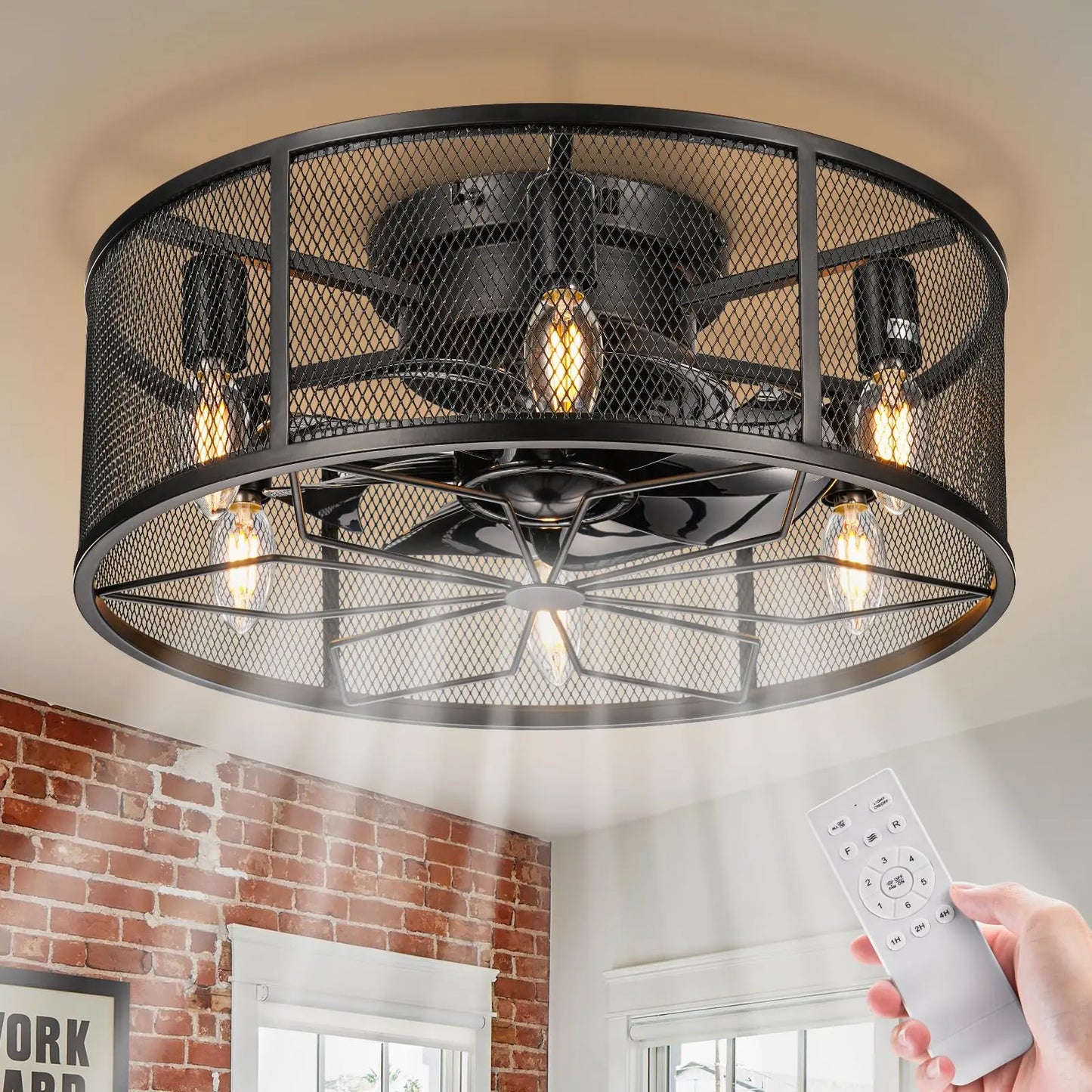 18 Inch Caged Low Profile Ceiling Fan with Light and Remote Black Flush Mount Fandelier Rustic Farmhouse Lighting