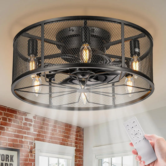18 Inch Caged Low Profile Ceiling Fan with Light and Remote Black Flush Mount Fandelier Rustic Farmhouse Lighting