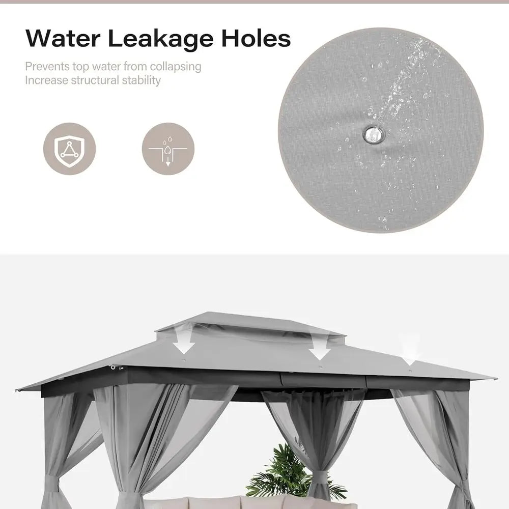 Durable 10x13 Outdoor Gazebo Double Roof Mosquito Netting Privacy Screen Gray