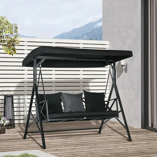 3 Seat Patio Swing with Cushions and Pillows Adjustable Glider Black