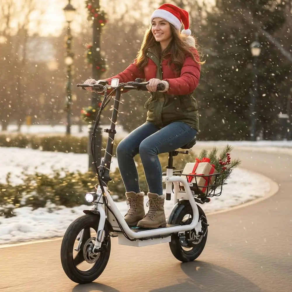 Foldable Electric Scooter With Seat 30 Mile Range 20 MPH 14 Fat Tires Pet Basket
