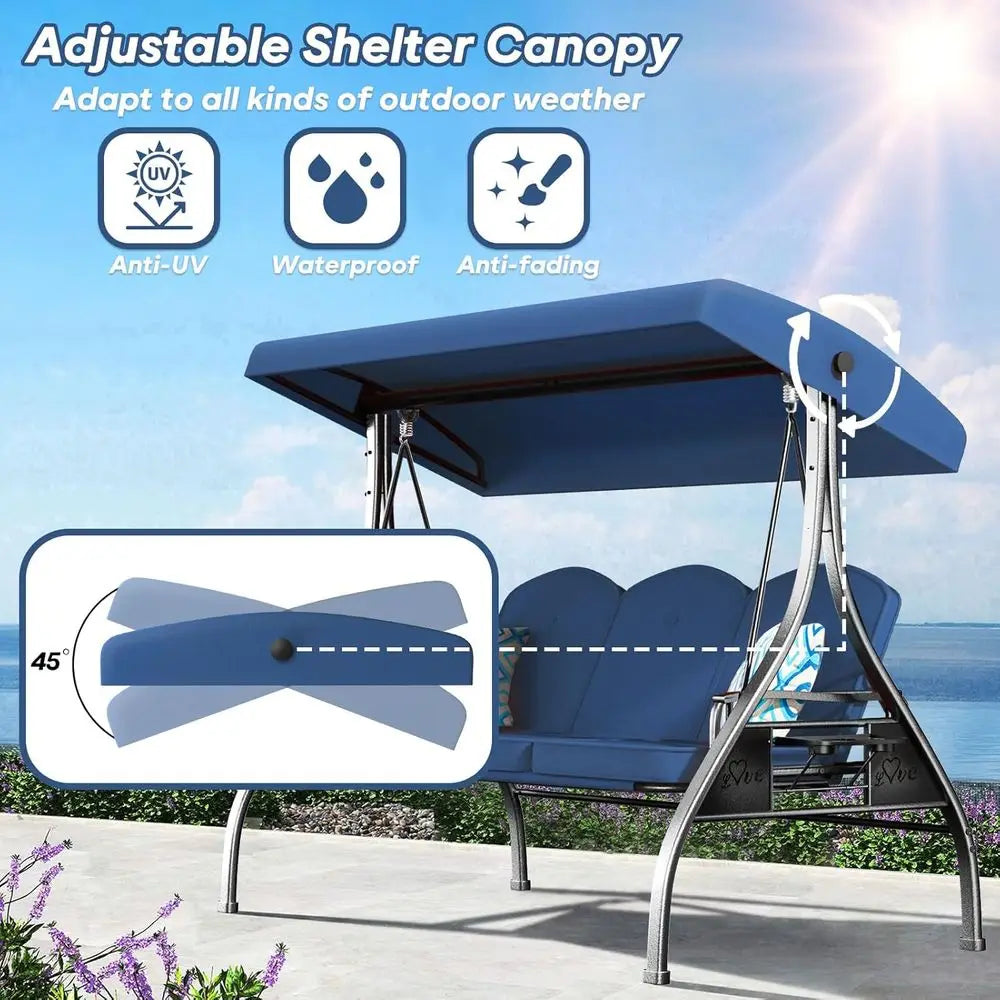 3 Seat Outdoor Swing With Stand 800lbs Capacity Convertible Swing Bed Blue