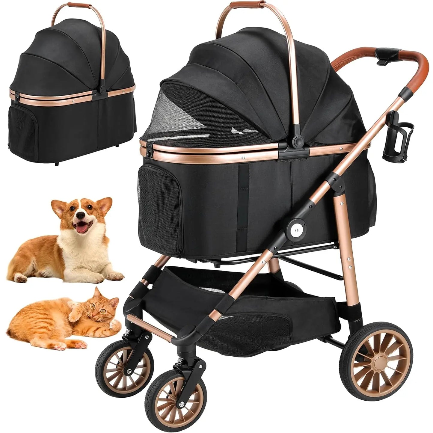 360 Degree Foldable Pet Stroller 2In1 Dog Cat Buggy Car Attachment 25kg