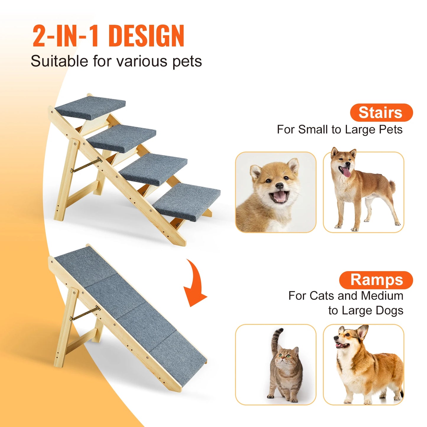 SucceBuy Wooden Pet Steps And Ramp 2-In-1 Foldable Bed Access For Pets
