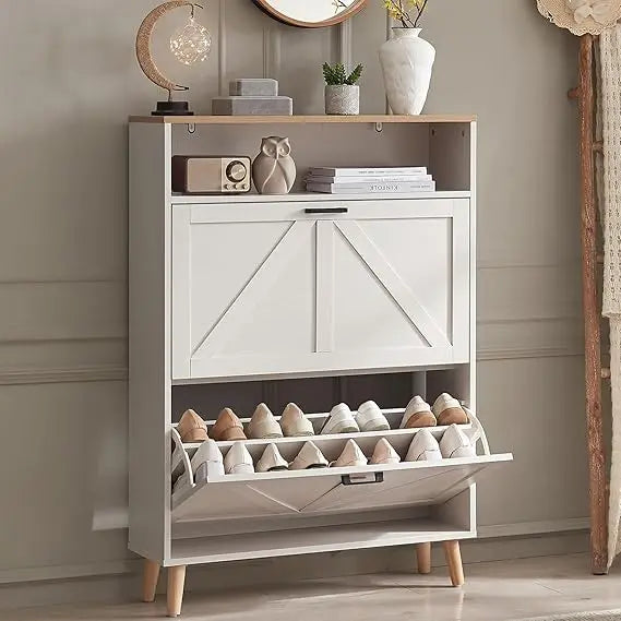 White Oak Freestanding Farmhouse Shoe Cabinet With Flip Drawers And Doors