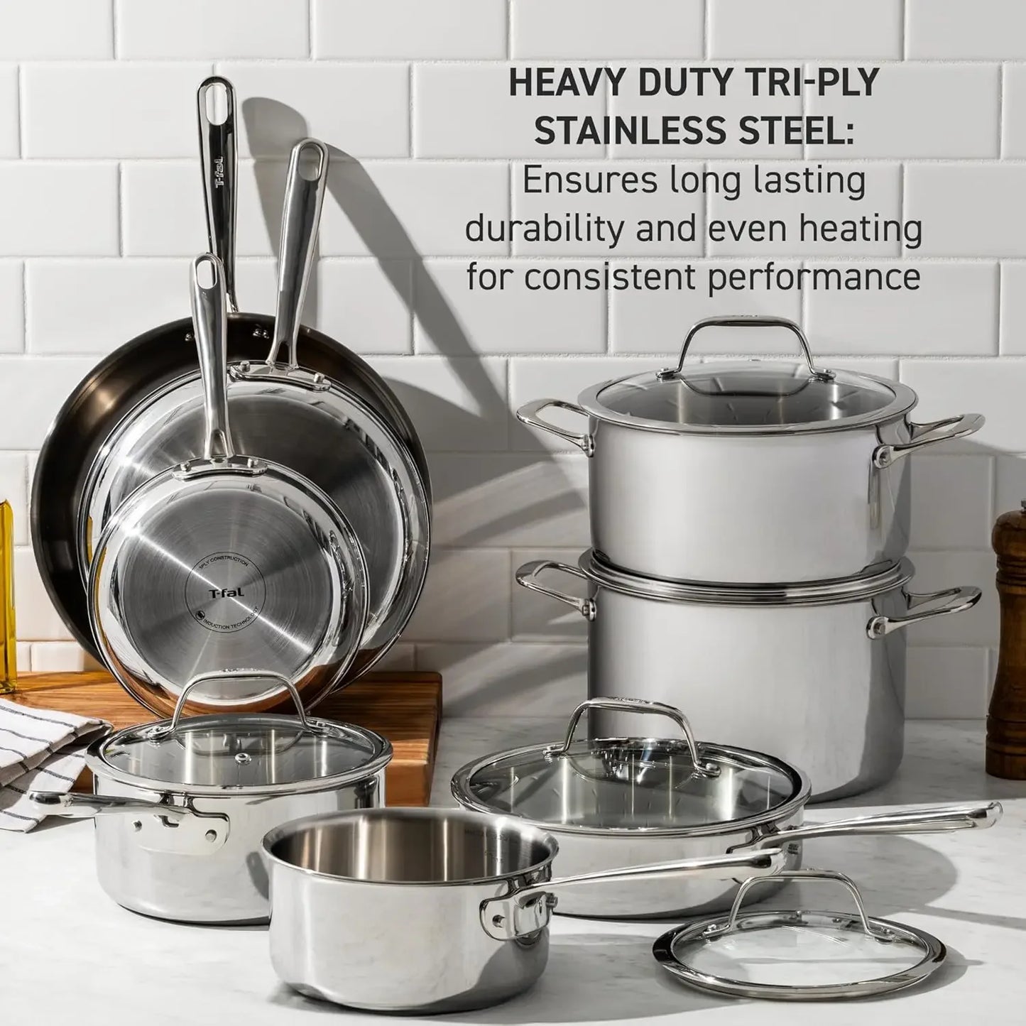 Pro Tri-Ply Stainless Steel Cookware Set 13 Piece Induction Compatible Oven Safe 500F Lids 350F Fast Even Heat Professional Quality Durable Pots and Pans Set Dishwasher Safe Silver