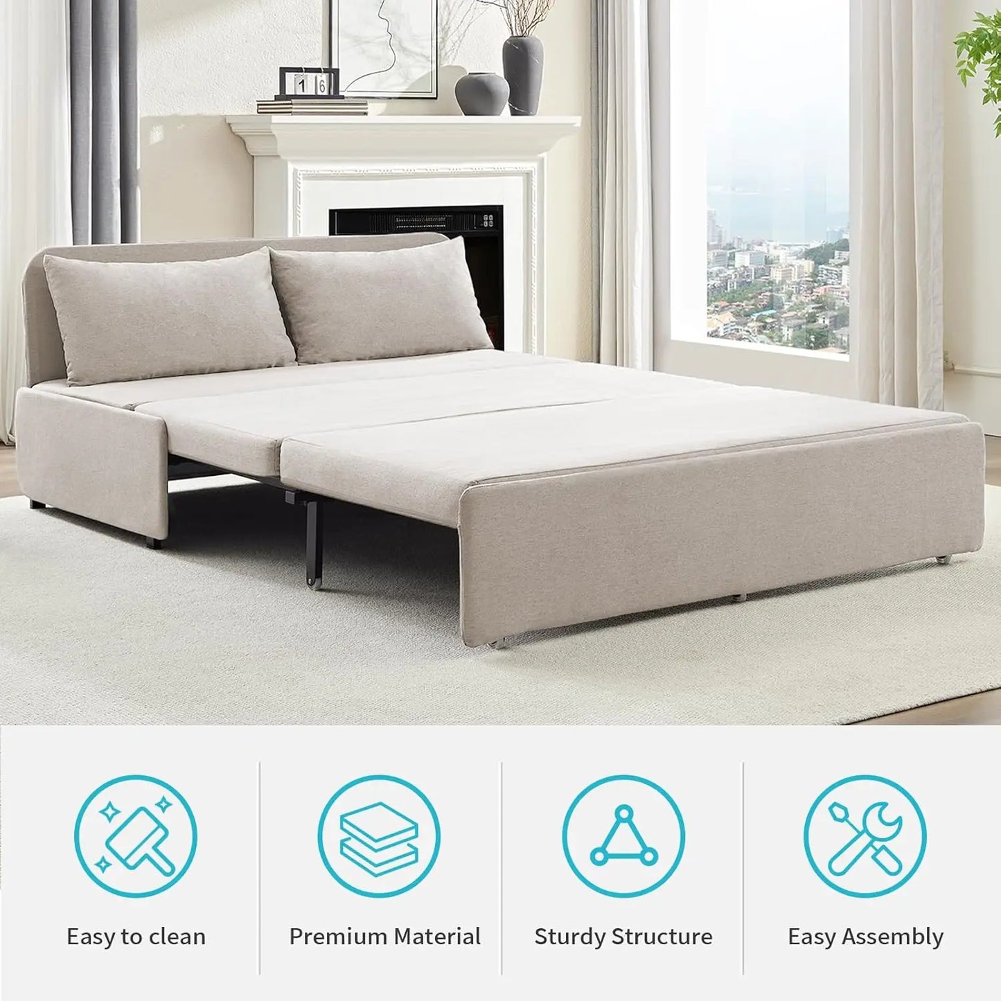 Queen Size Pull Out Sofa Bed Linen Convertible Couch With 2 Pillows