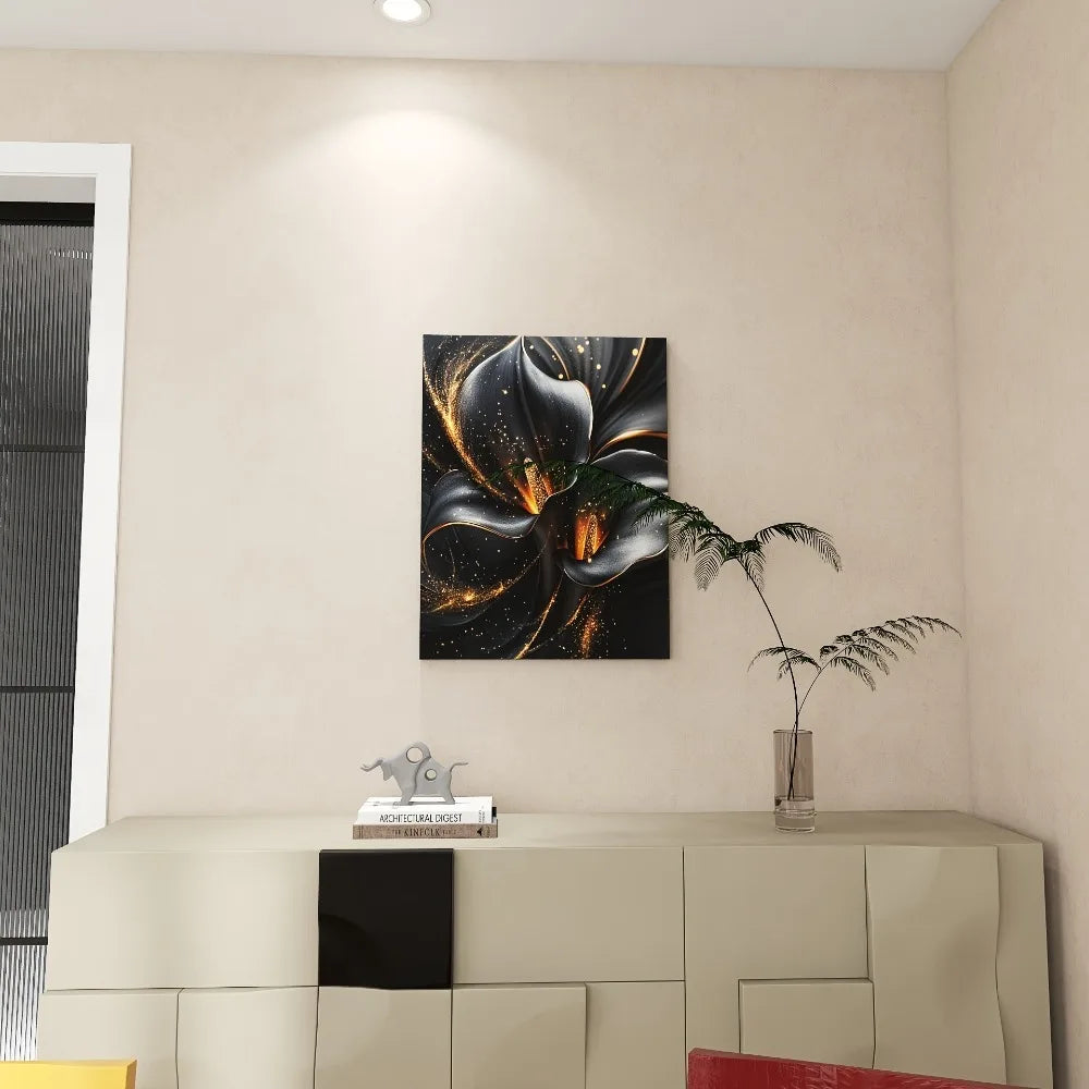 1.5 Inch Pine Frame Canvas Art With Black And Gold Calla Lily Design