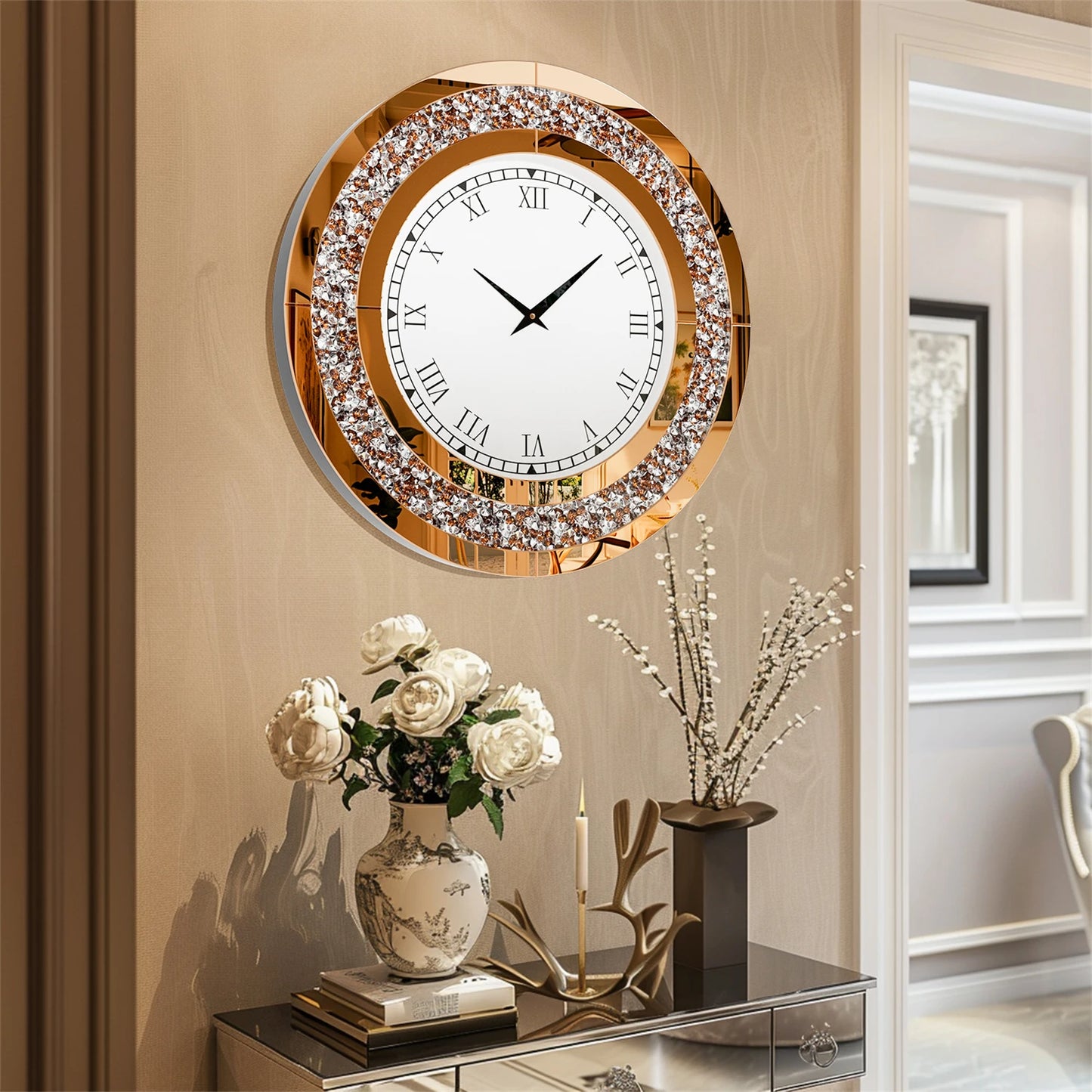 60 to 80 CM Bling Silver Round Mirror Clock Glam Sparkle Twinkle Shining Wall Clock for Home Decor