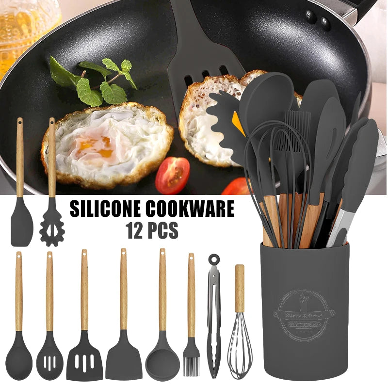 12 Piece Silicone Kitchenware Cooking Utensils Set Non Stick Cookware Spatula Shovel Egg Beaters Baking Set with Storage Bucket