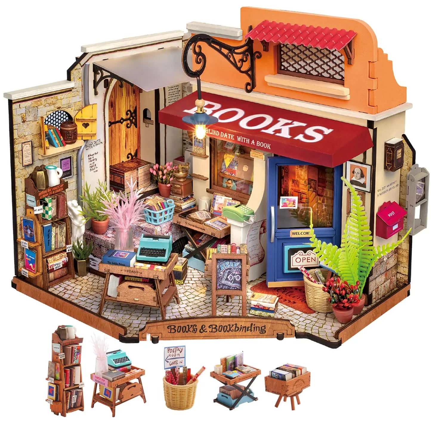 Robotime Miniature Dollhouse Kit Corner Bookstore With Led For DIY Craft