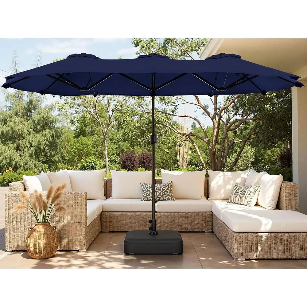 16Ft Rectangular Outdoor Patio Umbrella With Crank Double Sided Dark Blue