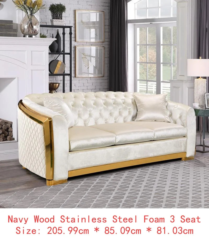 Beige Velvet Sofa Set 84 Inch Tufted 3 Seater With Gold Stainless Legs