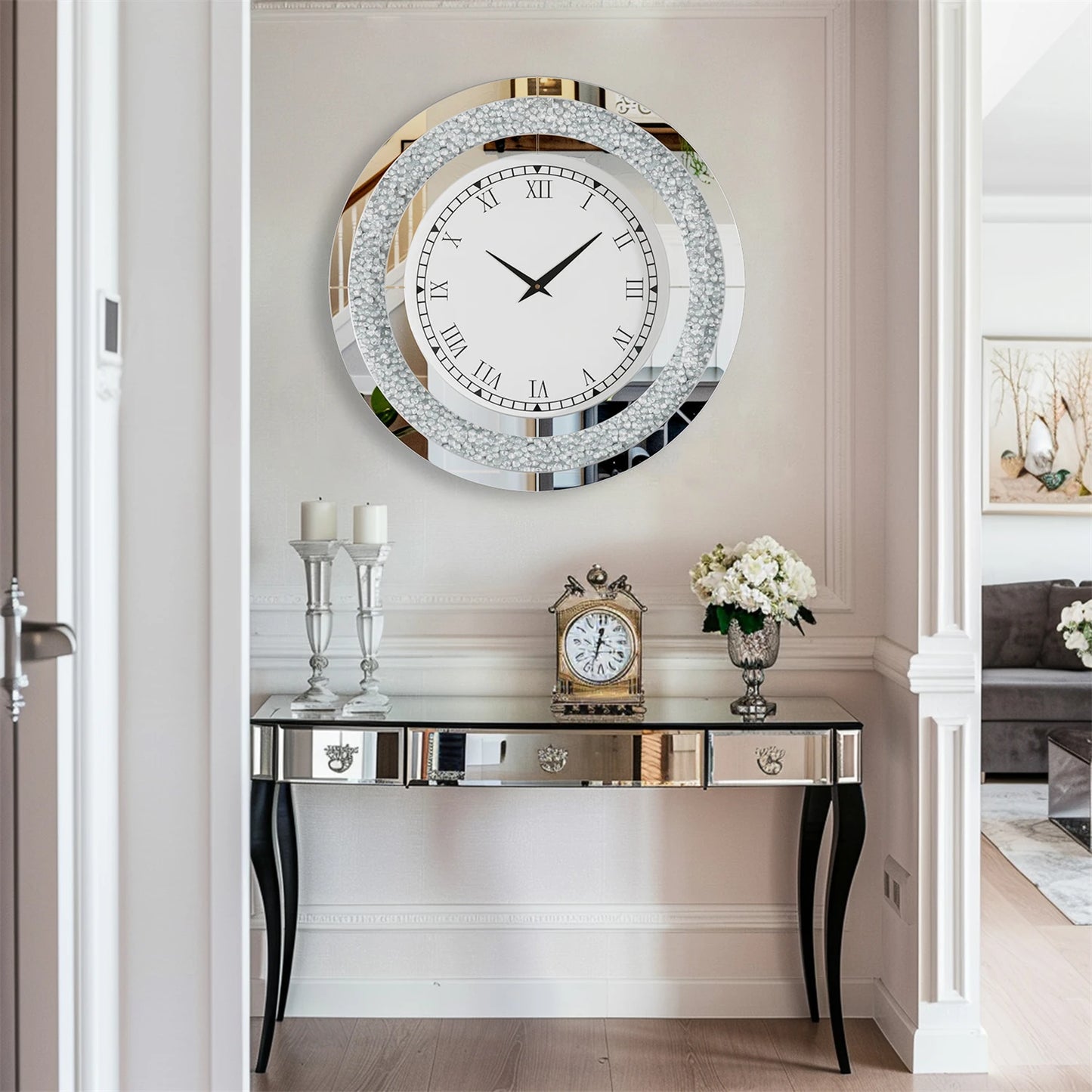 60 to 80 CM Bling Silver Round Mirror Clock Glam Sparkle Twinkle Shining Wall Clock for Home Decor