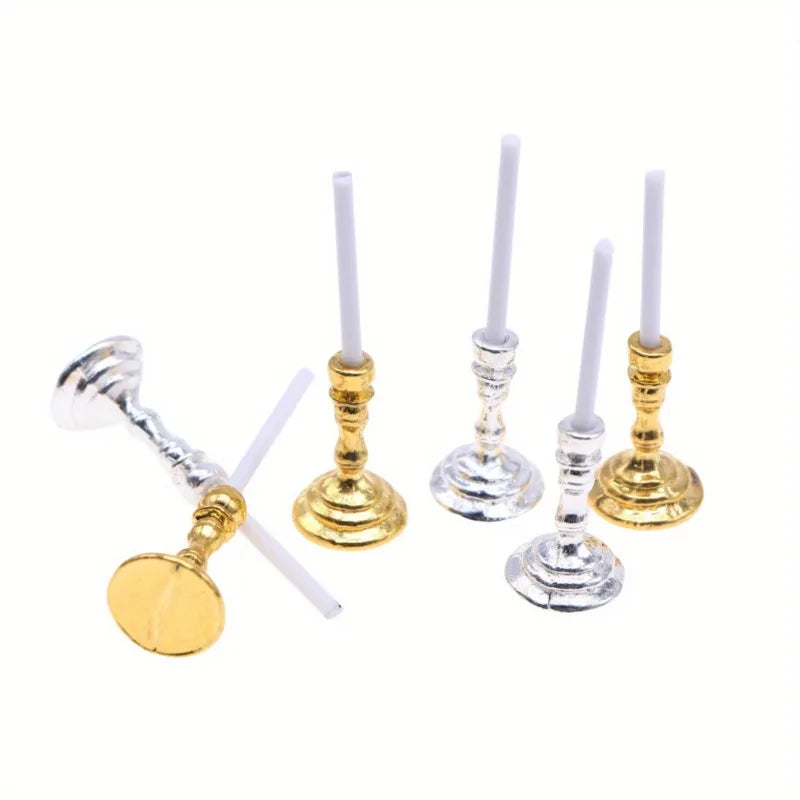 Set Of Miniature Golden Candle Holders For Dollhouse Decor