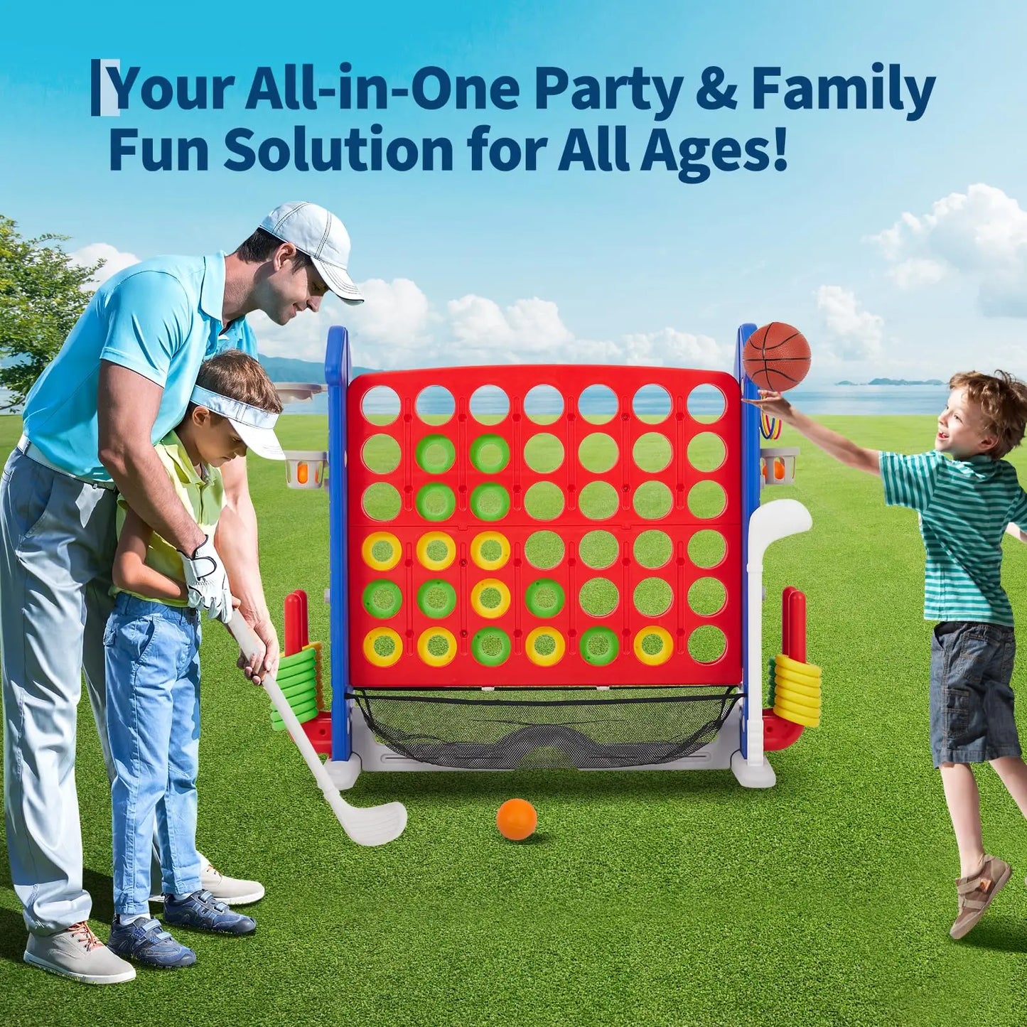 Giant 4 In 1 Yard Game Set With Adjustable Height And Hoop Ring Toss