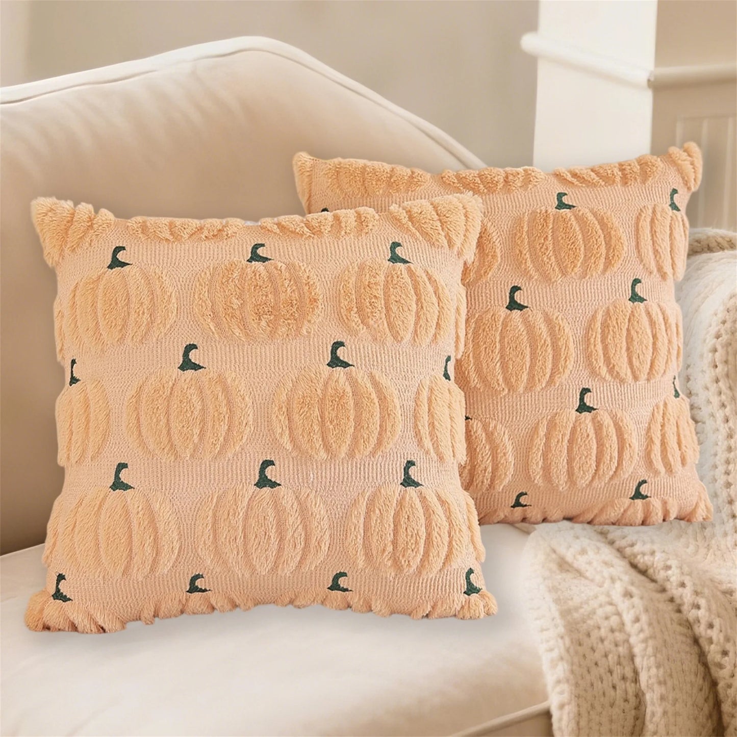 Spooky Halloween Pillowcase With Fuzzy Pumpkin Jacquard