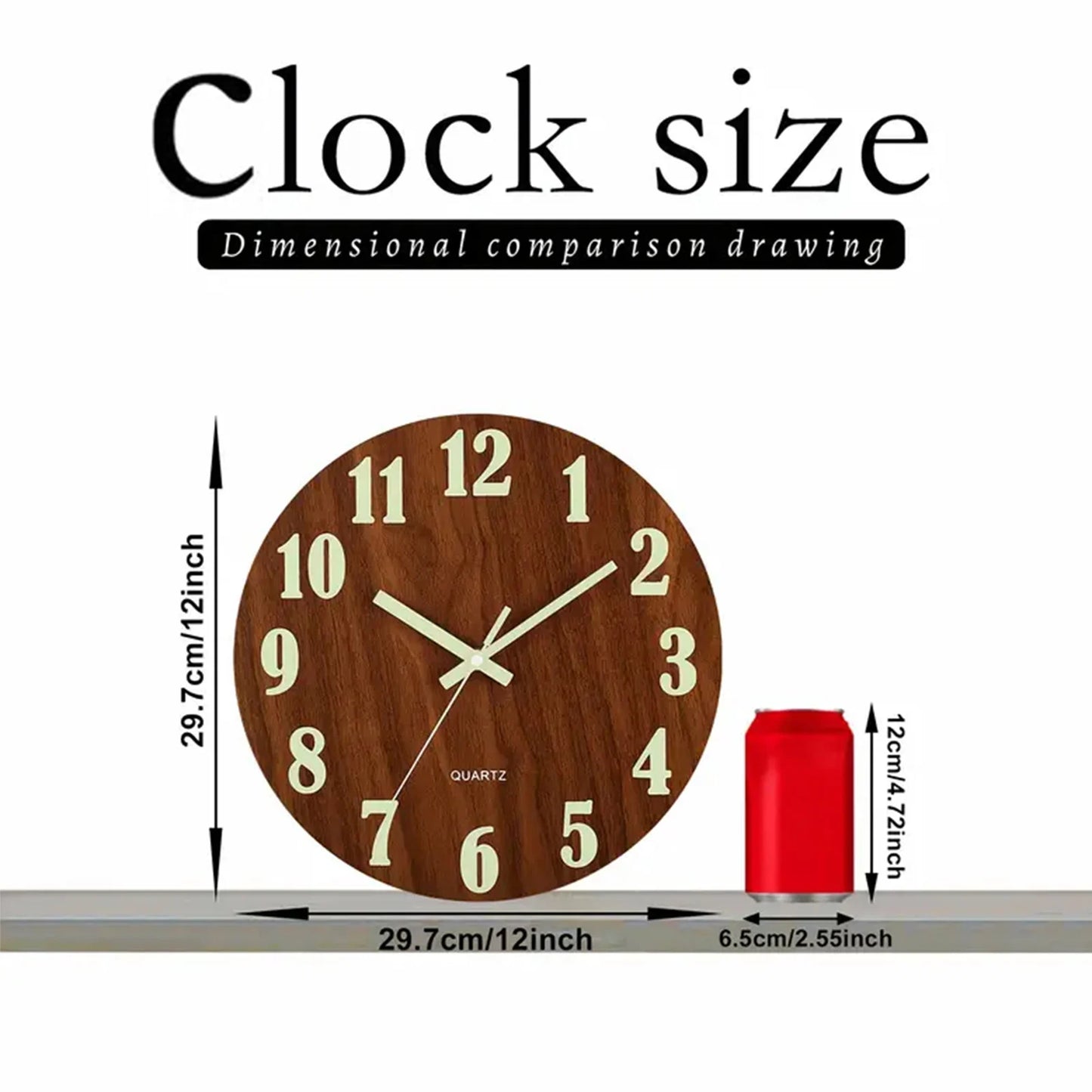 12 Inch Wooden Simple Luminous Wall Clock Silent Non Ticking Analog Clock for Living Room Bedroom and Office Decor