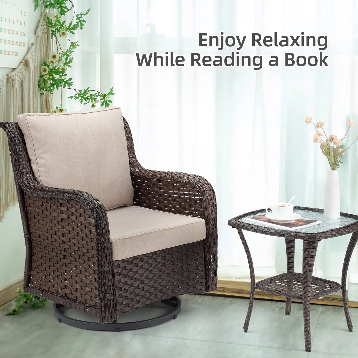 3 Piece Wicker Swivel Rocker Patio Set With Glass Side Table Outdoor Bistro