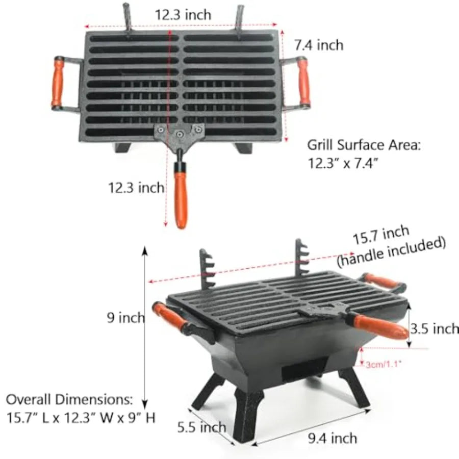Compact Cast Iron Charcoal Grill 12 x 7 With Adjustable Grate And Wood Handles