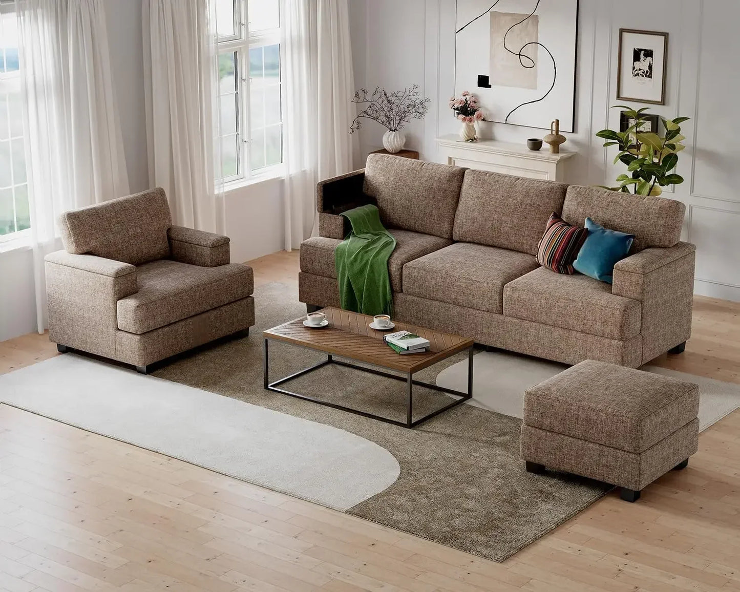 85 Inch L Shaped Couch With Movable Ottoman Chenille Sectional Sofa