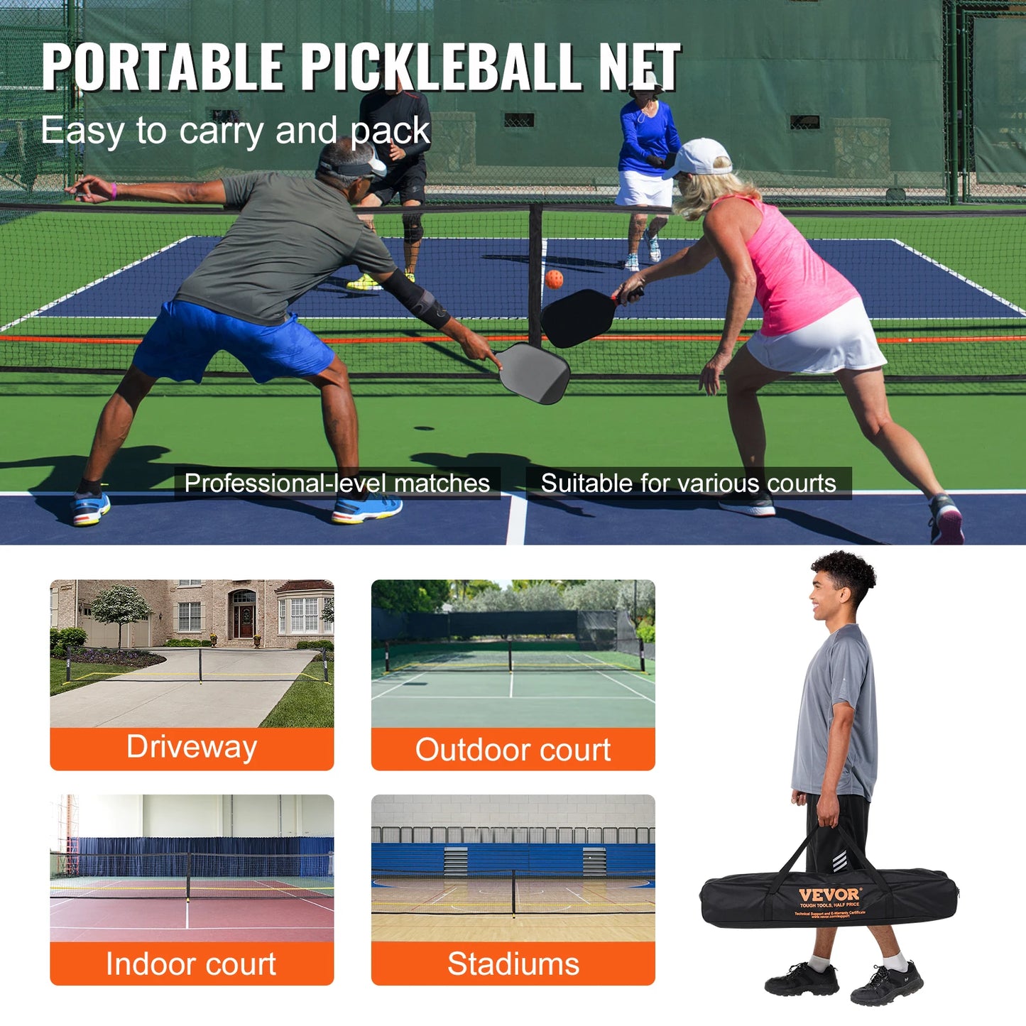 SucceBuy Portable Pickleball Net System 22 FT Full Court Official Regulation Size Outdoor With Court Line
