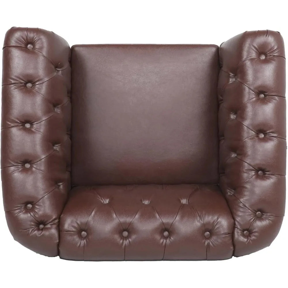 Leather Chesterfield Chair Mid Century Modern Tufted Rolled Armchair For Home