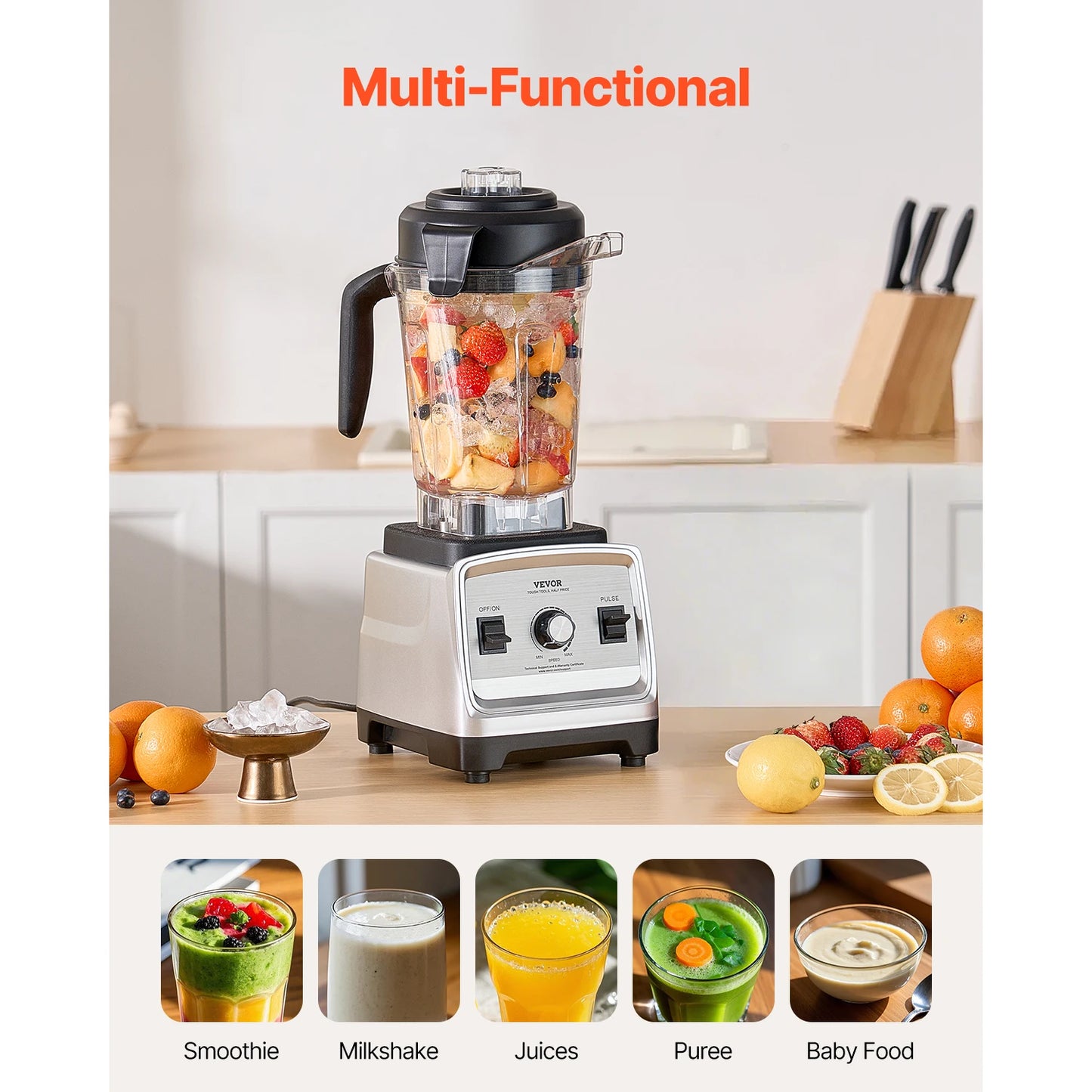 Vevor 1400W Professional Blender for Smoothies Multi-Functional Food Processing Kitchen Appliance
